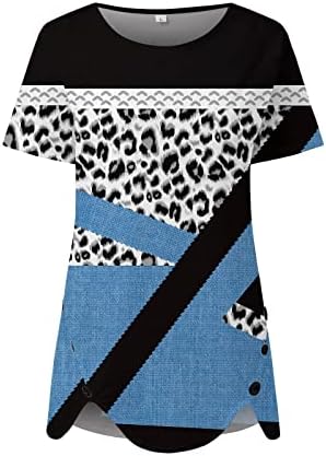 2023 Felsők Női Nyári Rövid Ujjú Tunika Leopárd mintás Színes Blokk póló Henley V-Nyak Gombok Fel Alkalmi