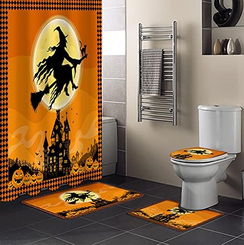 ALAGEO 4 Darab Halloween Zuhanyzó Függöny Szett Boszorkány Lovaglás Seprű Fürdőszoba Szőnyeg Szett U Alakú