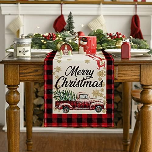 Artoid Mód, Vörös, Fekete Bivaly Kockás Teherautó Boldog Karácsonyt asztali Futó, Szezonális, Téli Karácsonyi