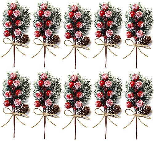 10 Csomag Karácsonyi Mesterséges Berry fenyőtoboz Ág a karácsonyfa Dekoráció, DIY Karácsonyi Piros Bogyó